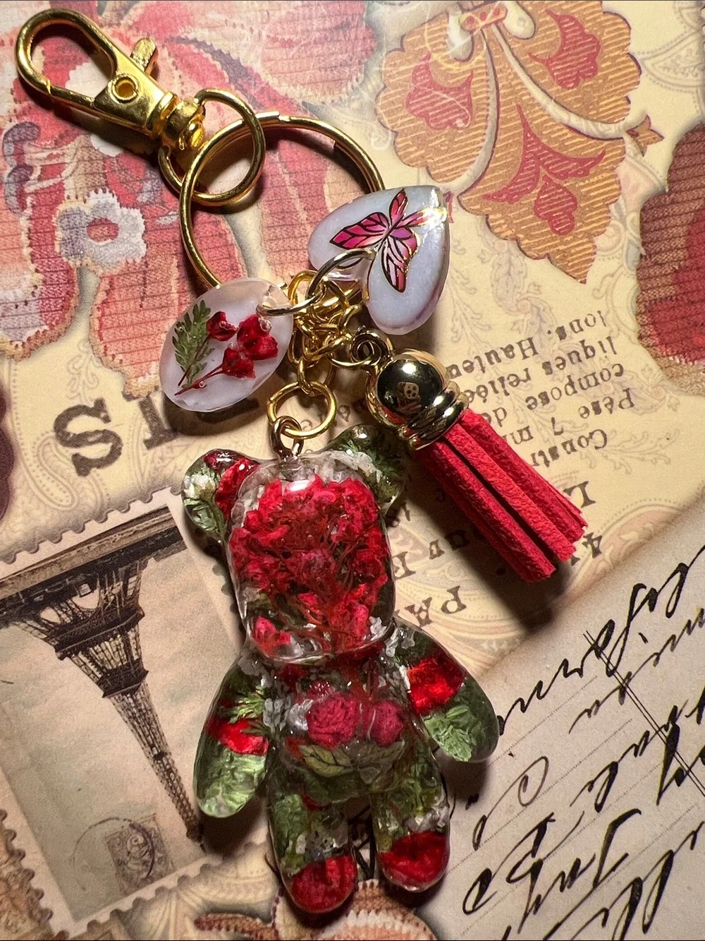 Handmade Floral Resin Bear Keychain, backpack or purse charm.